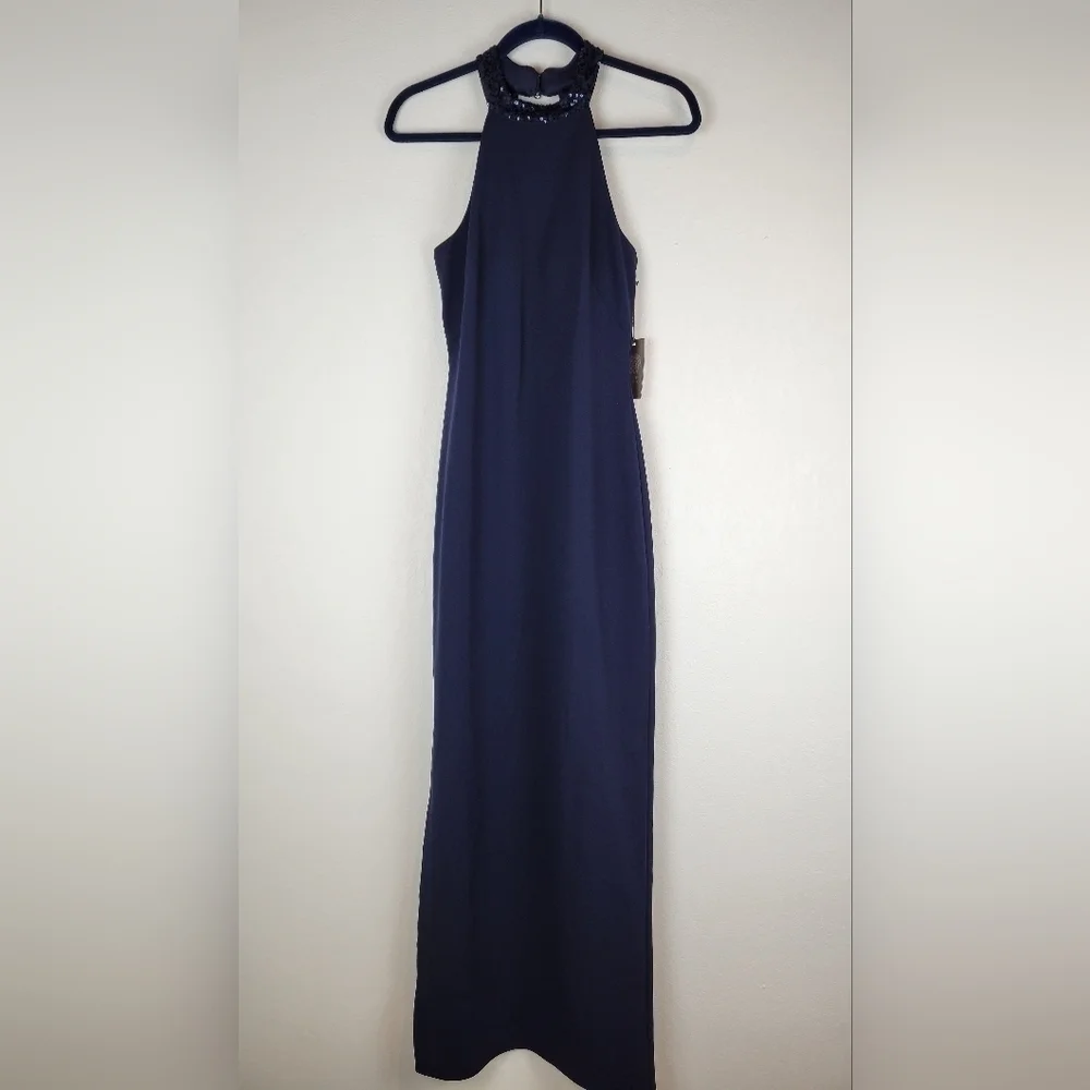NWT Vince Camuto Sequined Embellished Halter Column Gown in Navy Size 4 - Picture 4 of 12